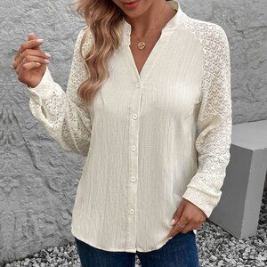 2/$40 Ivory Long Lace Sleeve Button Up Blouse Loose Relaxed Fit Top Autumn Work